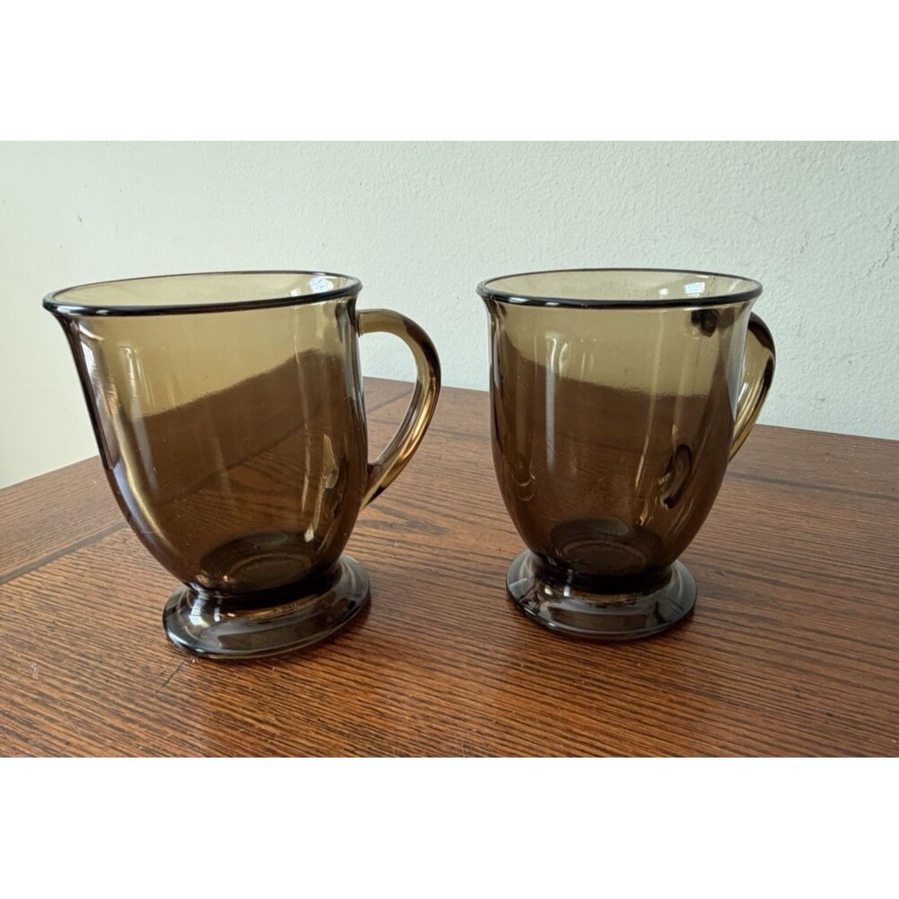 2 Vintage Anchor Hocking Mug Smoke Brown Amber Glass Coffee Tea Pedestal 16 oz